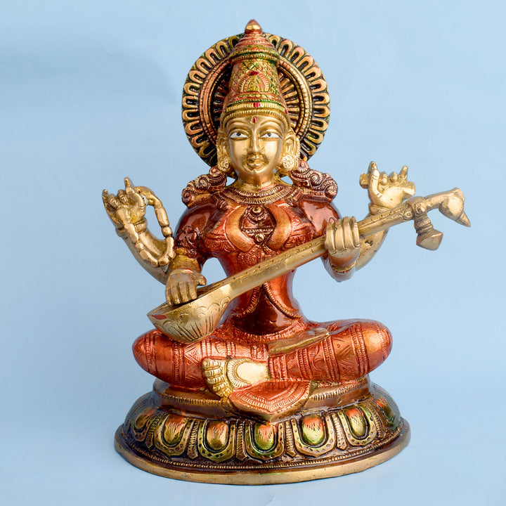 10.2 Inch Beautiful Brass Saraswati Idol | Saraswati Mata Murti Brass Statue featuring intricate detailing, perfect for spiritual home decor, temple worship, and devotional gifting. Indiaβs Largest Brass Idols Brand - www.satvikstore.in