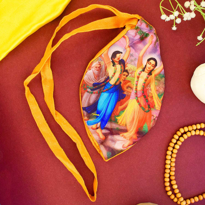 100% Cotton Printed Jap Mala Jholi Bag in Kesari – Lightweight spiritual pouch with strap, perfect for storing chanting beads and sacred items. India’s Largest Brass Idols Brand - www.satvikstore.in