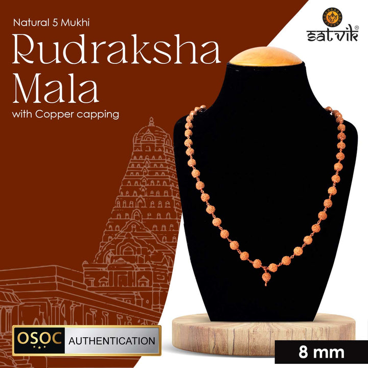 100% original certified 5 Mukhi natural Rudraksha mala with copper capping for meditation, spiritual healing, and daily japa practice. India’s Premium Jap Mala Store - www.satvikstore.in