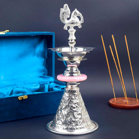 Handcrafted 11.5 Inch One Step Peacock Silver Kerala Diya for Pooja and Temple Decor. Indiaβs Largest Pooja Accessories Brand - www.satvikstore.in