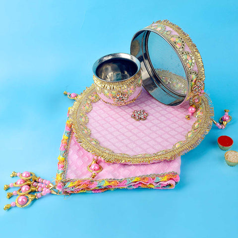 11 Pc Baby Pink Embroidery Karwa Chauth Thali Set with Sieve, Kalash, Thali Cover and Complete Pooja Kit. Indiaβs Largest Pooja Accessories Brand - www.satvikstore.in