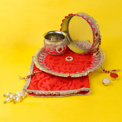 11 Pc Elegant Red Embroidery Karwa Chauth Thali Set with Sieve, Kalash, Cover and Full Puja Kit. Indiaβs Largest Pooja Accessories Brand - www.satvikstore.in