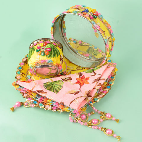 11 Pc Elegant Yellow & Baby Pink Embroidery Karwa Chauth Thali Set with Sieve, Kalash, Cover, and Full Pooja Kit. Indiaβs Largest Pooja Accessories Brand - www.satvikstore.in