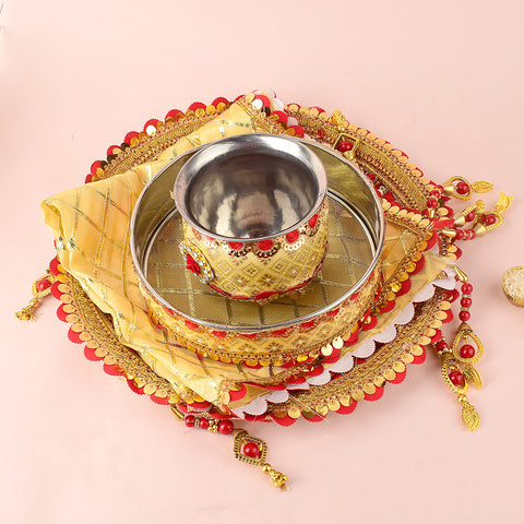 11 Pc Golden and Red Embroidery Karwa Chauth Thali Set with Channi, Kalash, Thali Cover and Complete Puja Accessories. Indiaβs Largest Pooja Accessories Brand - www.satvikstore.in