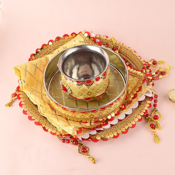 11 Pc Golden and Red Embroidery Karwa Chauth Thali Set with Channi, Kalash, Thali Cover and Complete Puja Accessories. Indiaβs Largest Pooja Accessories Brand - www.satvikstore.in