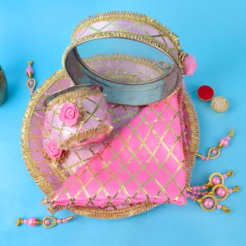 11 Pc Light Pink Embroidery Karwa Chauth Thali Set with Sieve, Kalash, Thali Cover and Complete Pooja Kit. Indiaβs Largest Pooja Accessories Brand - www.satvikstore.in