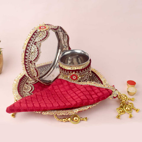 11 Pc Maroon Embroidery Karwa Chauth Thali Set with Cover, Channi, Kalash, and Complete Pooja Kit. Indiaβs Largest Pooja Accessories Brand - www.satvikstore.in