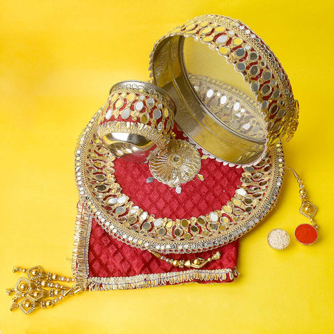 11 Pc Maroon Embroidery Mirror Work Karwa Chauth Thali Set with Cover, Kalash, Channi and Complete Puja Items. Indiaβs Largest Pooja Accessories Brand - www.satvikstore.in