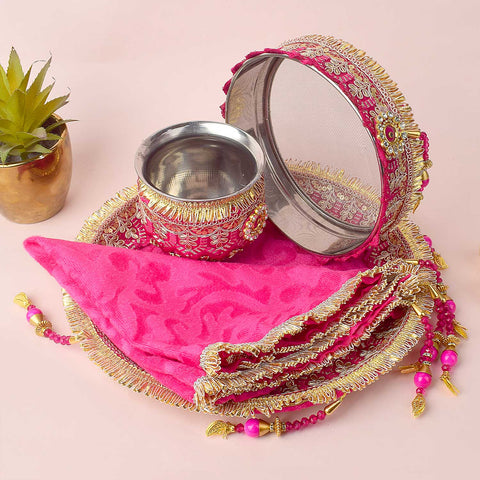 11 Pc Pink Embroidery Karwa Chauth Thali Set with Channi Lota Cover and Puja Accessories. Indiaβs Largest Pooja Accessories Brand - www.satvikstore.in