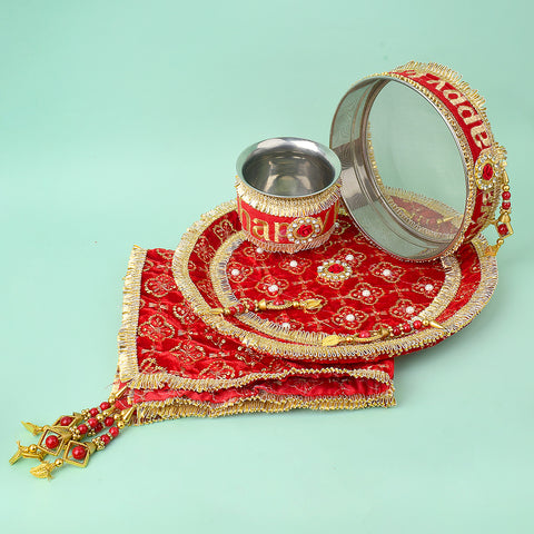 11 Pc Red Embroidery Karwa Chauth Thali Set with Cover, Channi, Kalash, and Full Puja Kit. Indiaβs Largest Pooja Accessories Brand - www.satvikstore.in