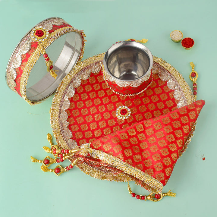 11 Pc Stunning Red Embroidery Karwa Chauth Thali Set with Cover, Channi, Kalash, and Complete Puja Kit. Indiaβs Largest Pooja Accessories Brand - www.satvikstore.in