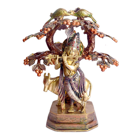 13.4-inch pure brass statue of Lord Krishna standing with a cow under a tree, representing divine love, protection, and harmony, perfect for home or temple decor. Indiaβs Largest Brass Idols Brand - www.satvikstore.in