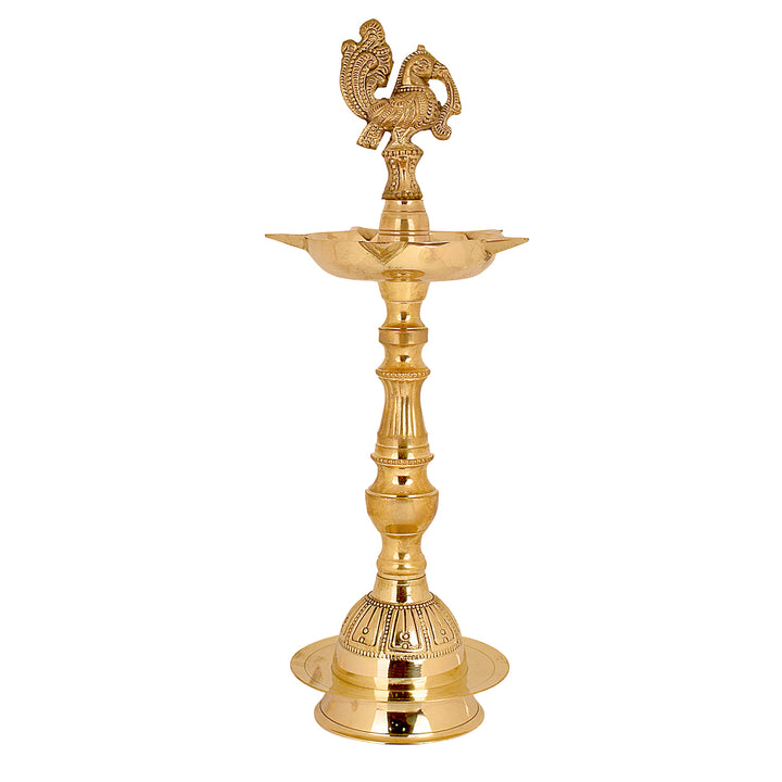 13 Inch Embossed Brass Peacock Kerala Samai Diya – Handcrafted brass diya with an embossed peacock design, perfect for pooja ceremonies, religious rituals, and spiritual occasions. India’s Largest Pooja Accessories Brand – www.satvikstore.in