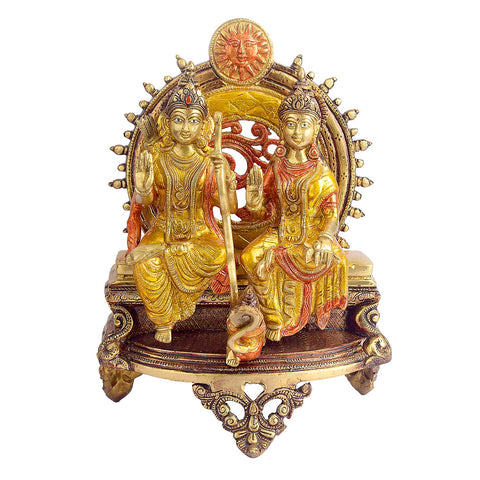 13 Inch Ram Sita Brass Idol Seated on Throne Brass Statue featuring intricate detailing, perfect for spiritual home decor, temple worship, and devotional gifting. Indiaβs Largest Brass Idols Brand - www.satvikstore.in