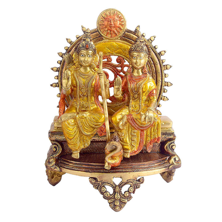 13 Inch Ram Sita Brass Idol Seated on Throne Brass Statue featuring intricate detailing, perfect for spiritual home decor, temple worship, and devotional gifting. Indiaβs Largest Brass Idols Brand - www.satvikstore.in