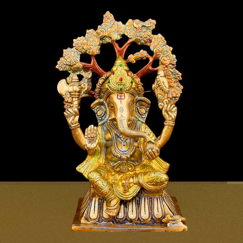 14.2-inch Lord Ganesha brass murti sitting under a beautifully crafted tree, symbolizing wisdom, protection, and prosperity. Indiaβs Largest Brass Idols Brand - www.satvikstore.in