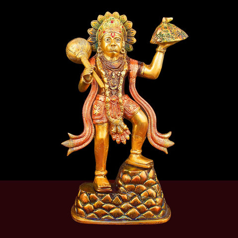 14 Inch Brass Lord Hanuman Carrying Sanjeevani Mountain with fine detailing, symbolizing strength, devotion, and protection β perfect for pooja room, home temple, or as a spiritual gift. No.1 Brass Idol Store www.satvikstore.in
