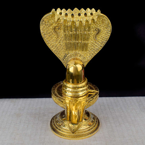 14.2-inch Brass Shivling with Nag Hood, intricately designed for divine worship and ideal for Shivratri rituals and spiritual dΓ©cor. No.1 Brass Idol Store www.satvikstore.in