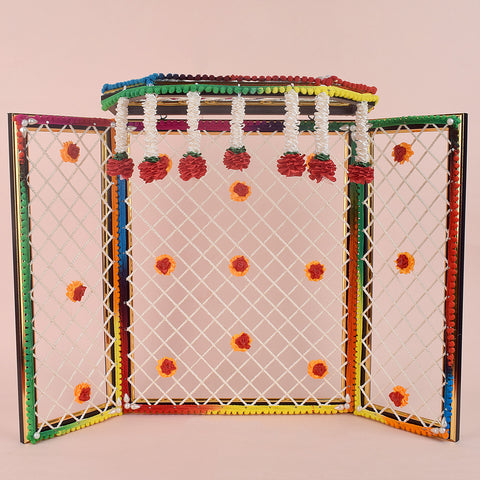 15 Inch Large Pretentious Ganesha Phool Bangla in vibrant multicolor artificial flowers, perfect for grand Ganpati festival decoration and idol backdrop. Indiaβs Largest Pooja Accessories Brand β www.satvikstore.in