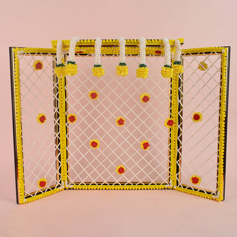 15 Inch Large Yellow Magnificent Ganesha Phool Bangla made with bright artificial flowers, ideal for Ganpati mandap decoration and idol background setup. Indiaβs Largest Pooja Accessories Brand β www.satvikstore.in