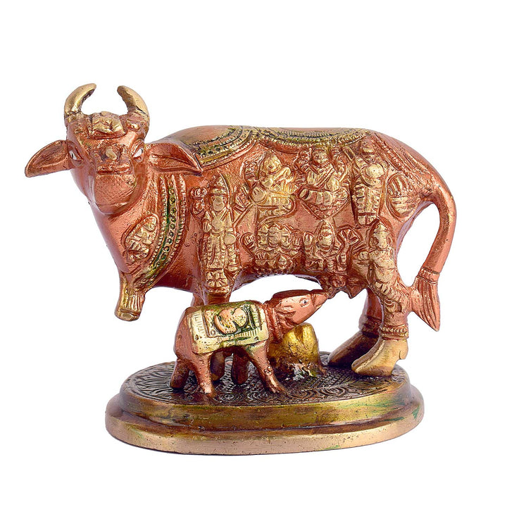 3.9 inch pure brass Kamdhenu cow with calf idol symbolizing prosperity, divine blessings, and abundance. India’s Largest Brass Idols Brand - www.satvikstore.in