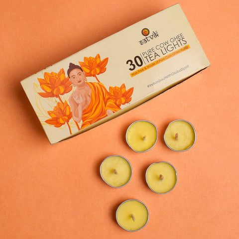 30 Pc Tibetan Buddhist Butter/Pure Cow Ghee Tea Light, crafted with pure ghee for long-lasting, clean illumination during spiritual practices, rituals, and pooja. Eco-friendly and handmade. Indiaβs Largest Pooja Accessories Brand β www.satvikstore.in