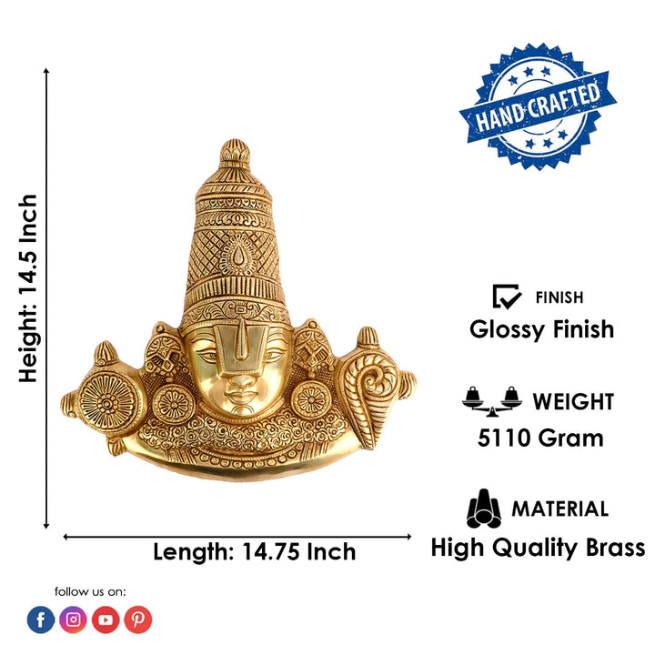 Large Brass Idol of Tirupati Balaji Maharaj Face Wall Hanging for Home & Temple Decor. Murti is a symbol of Strength, Happiness, and positive energy made from Virgin Quality Brass for long-lasting use. Handmade product from the Artisanship of India's Craftsman Using Modern Style.