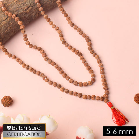 5-6mm Rudraksha Mala with fine hand-knotted beads for daily Jaap, meditation, and spiritual chanting. Indiaβs Premium Jap Mala Store - www.satvikstore.in
