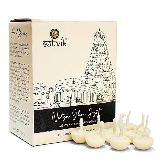 Pack of 50 Pure Ghee Diya Wicks (Wax Free), ideal for long aartis and sacred rituals. Handmade, natural, and eco-friendly for divine illumination. Indiaβs Largest Pooja Accessories Brand β www.satvikstore.in