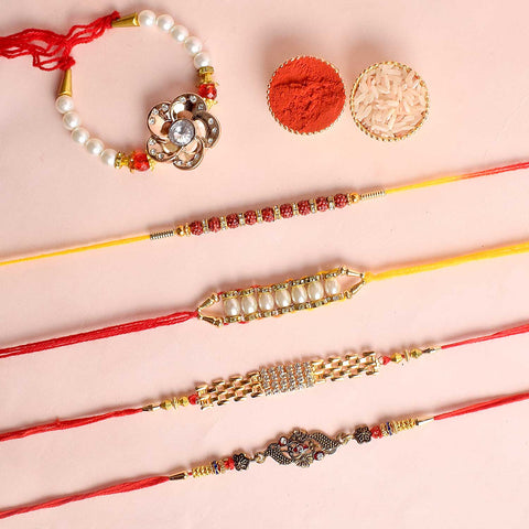 Set of 5 Designer Rakhi Threads with Roli Chawal and Ram Sita Stickers for Raksha Bandhan Celebration. Indiaβs Largest Pooja Accessories Brand - www.satvikstore.in