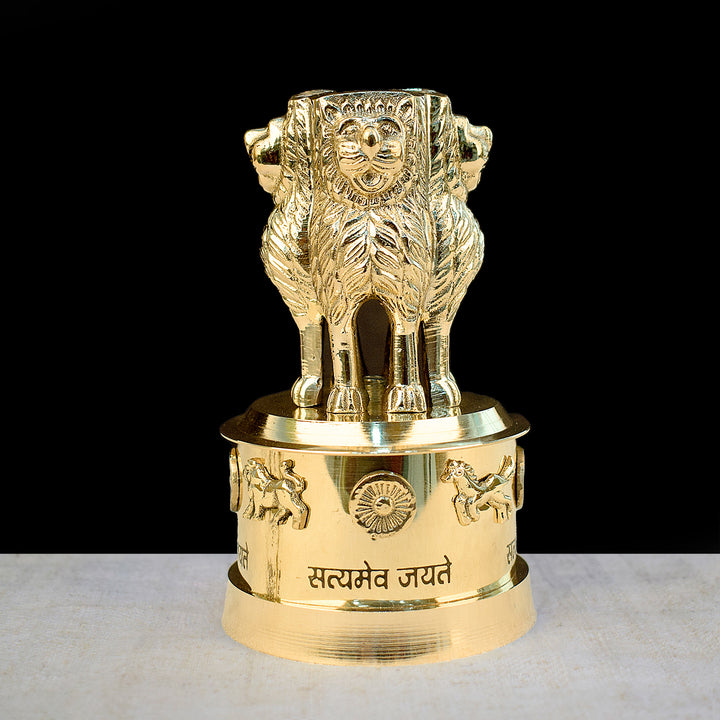 5 Inch Brass Ashoka Pillar Showpiece (National Emblem Decor) Showpiece with Intricate Detailing – Ideal for Home & Office Décor, Cultural Gifting, and Traditional Displays | India’s Largest Brass Idols Brand – www.satvikstore.in