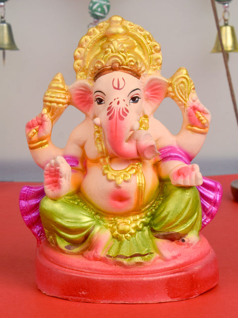 6-inch eco-friendly Ganesha idol in Gajanan pose, handcrafted from natural clay and painted with vibrant, non-toxic colors, perfect for home worship and visarjan. Indiaβs Largest Pooja Accessories Brand β www.satvikstore.in