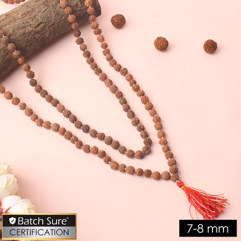 7-8mm 5 Mukhi White Knotted Rudraksha Mala with natural brown beads neatly hand-knotted for daily Jaap, meditation, and spiritual rituals. Indiaβs Premium Jap Mala Store - www.satvikstore.in