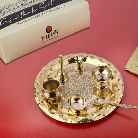 7 Piece Brass Pooja Thali Set (10 inch) featuring exquisite Kashmiri art β Design 4. Ideal for festive rituals, daily worship, and traditional gifting with cultural elegance - Satvikstore.in
