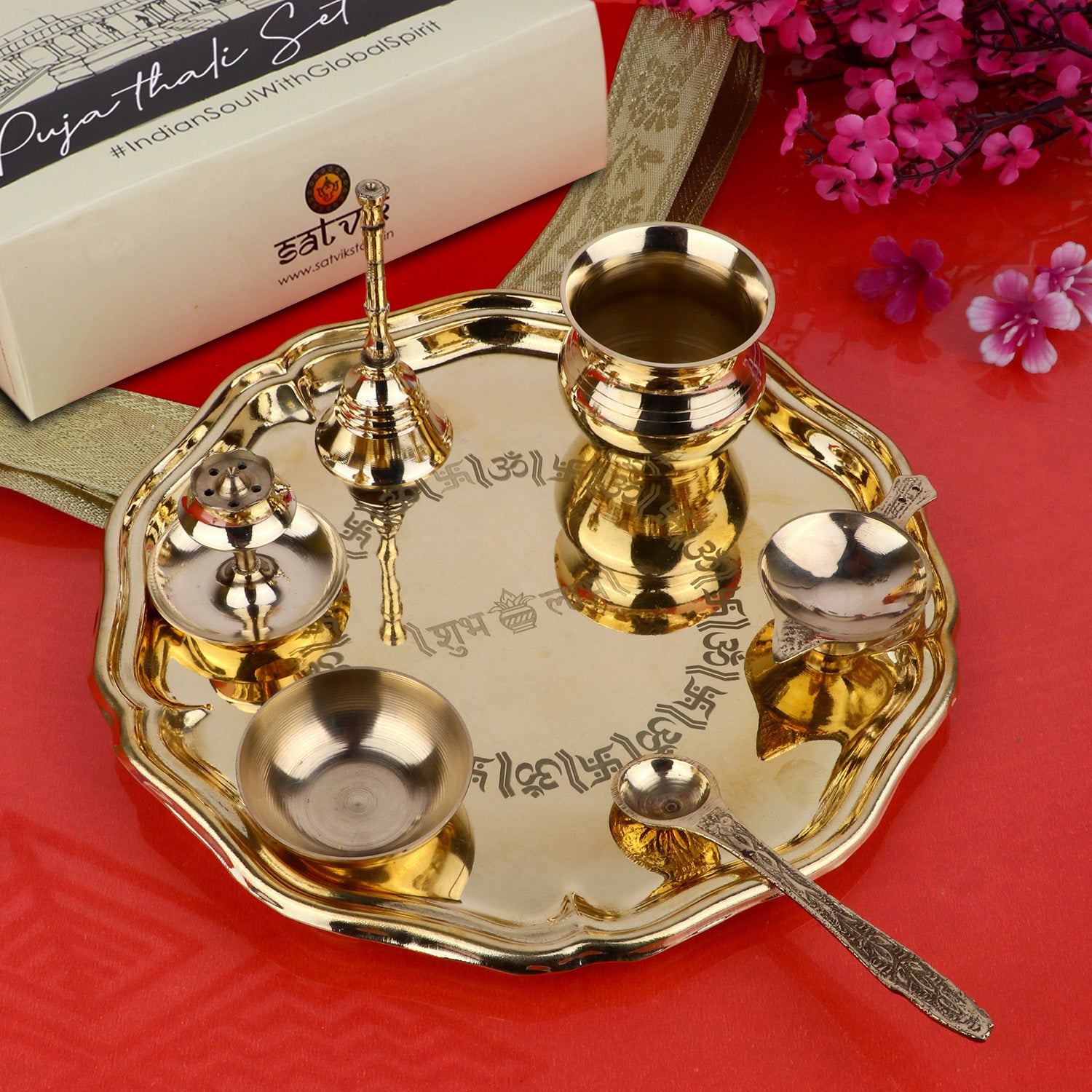 Shop 7 Piece Brass Pooja Thali Set (8 inch) with Shubh Labh design β Design 8. Ideal for Diwali, Lakshmi Pooja, daily rituals, and gifting for prosperity and blessings - Satvikstore.in