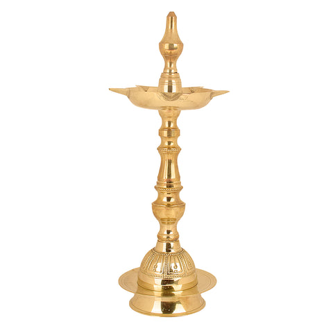 9.5 Inch Embossed Kalash Kerala Brass Diya β Handcrafted brass diya with an embossed kalash design, perfect for pooja ceremonies, religious rituals, and spiritual occasions. Indiaβs Largest Pooja Accessories Brand β www.satvikstore.in