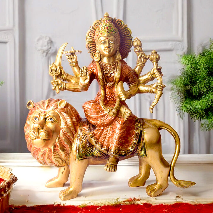 Large Brass Idol of Sherawali Mata Statue Stunning Sherawali Mata Statue β Divine Brass Idol of Goddess Durga, Symbolizing Strength & Protection, Perfect for Home, Temple, and Festive Decor.