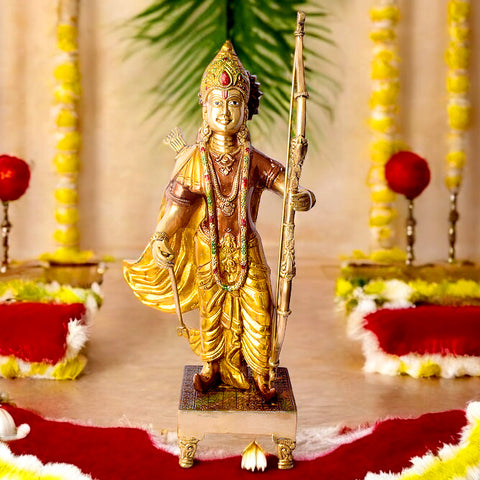 Enhance your dΓ©cor with this Exquisite Brass Ram Statue, showcasing Lord Ram in a striking pose with a vibrant bow. Intricately crafted and adorned with colorful detailing, this statue embodies grace, strength, and devotion.