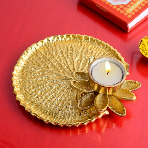 Adorable gold and white pooja thali platter with elegant finish for festive rituals and home temple decor Indiaβs Largest Pooja Accessories Brand β www.satvikstore.in