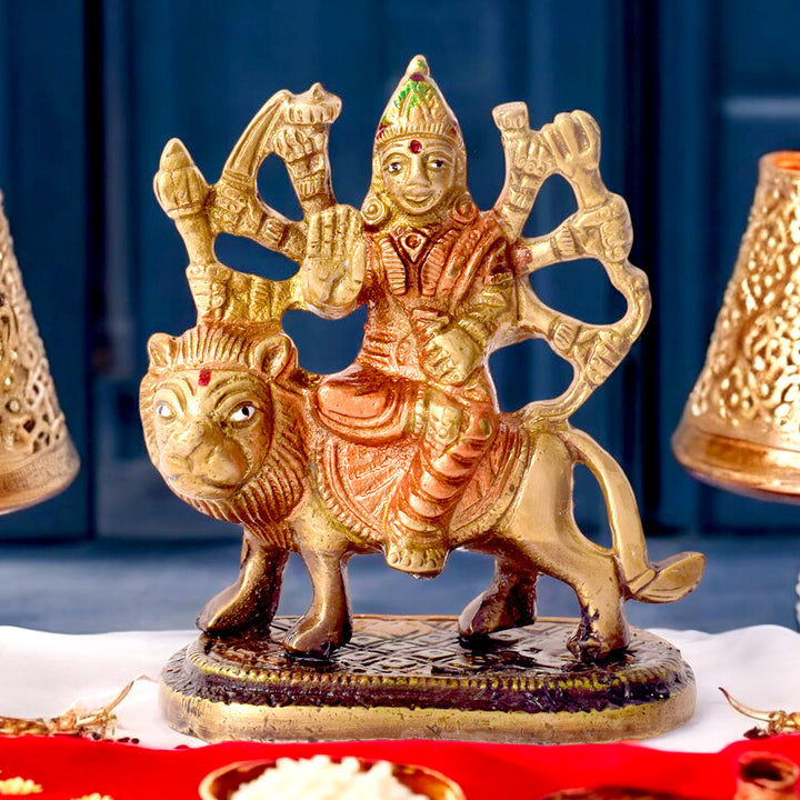 5.4 Inch Sacred Brass Sherawali Mata Idol featuring the powerful goddess seated on a lion, crafted in fine brass for devotion, home temple, and gifting. No.1 Brass Idol Store www.satvikstore.in