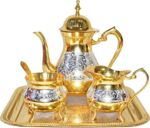 Antique Mughal Style Brass Gold and Silver Tea Coffee Set β Elegant handcrafted set with intricate Mughal-era designs in gold and silver finish, perfect for serving tea or coffee. Indiaβs Largest Pooja Accessories Brand β www.satvikstore.in
