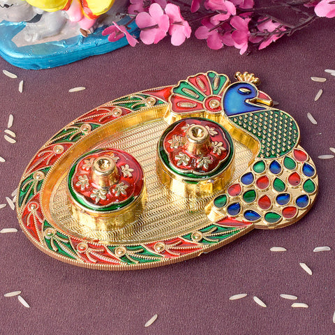 Artistic peacock-themed kumkum holder crafted with intricate detailing, perfect for traditional rituals and festive decor. Indiaβs Largest Pooja Accessories Brand β www.satvikstore.in
