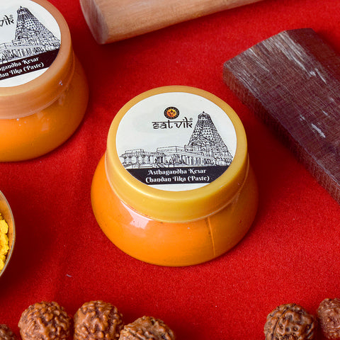 Ashtagandha Kumkum Chandan Tika Paste is a sacred blend of chandan and kumkum, ideal for tilak application during spiritual practices, poojas, and religious rituals, symbolizing purity and blessings β Indiaβs Largest Pooja Accessories Brand β www.satvikstore.in