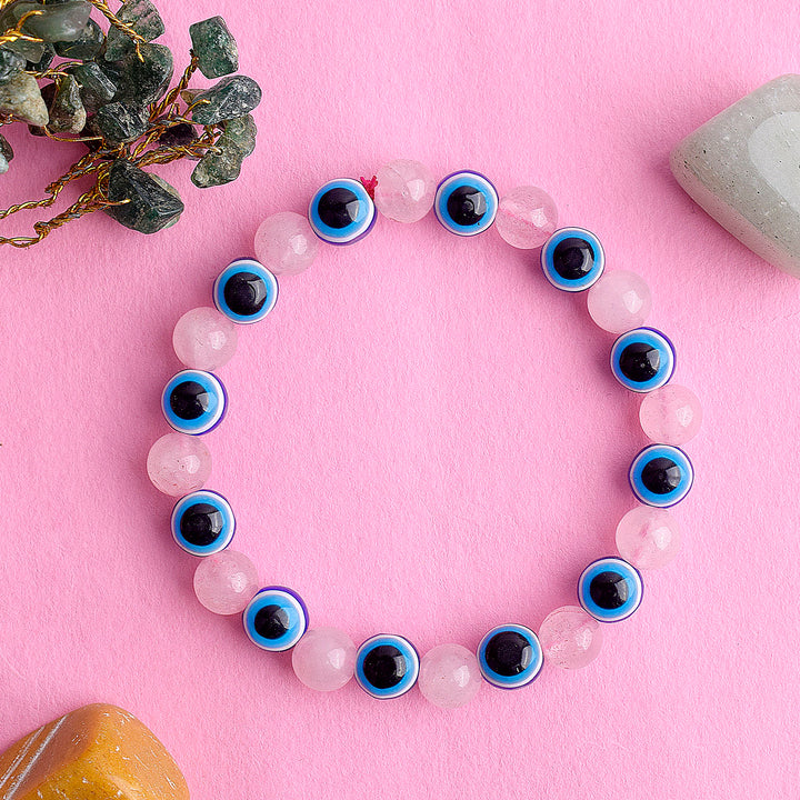 Authentic Rose Quartz Bracelet with Evil Eye for Love, Healing, and Protection. Indiaβs Largest Pooja Accessories Brand β www.satvikstore.in