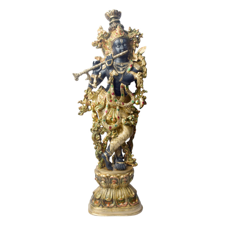 Large Brass Idol of 28 Inch Brass Krishna Sculpture with Artistic Detailing. Elevate your space with the majestic 28-inch Brass Krishna Sculpture, designed with exquisite artistic detailing. This grand piece beautifully depicts Lord Krishna in a graceful and serene posture, showcasing intricate craftsmanship that highlights every delicate feature.