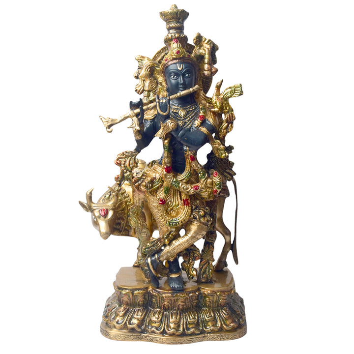 Large Brass Idol of 17 Inch Brass Krishna Statue with Cow. Enhance your space with the divine presence of this 17-inch Brass Krishna Statue with Cow. This beautifully crafted sculpture features Lord Krishna in a serene pose, accompanied by a cow, symbolizing the deep connection between the divine and nature.