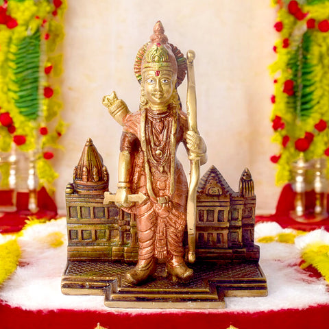 7.2 Inch Victorious Ram Mandir/Temple with Lord Ram β A beautifully crafted brass idol depicting Lord Ram in a powerful stance, symbolizing virtue, strength, and divine protection, perfect for temple or home dΓ©cor. No.1 Brass Idol Store www.satvikstore.in