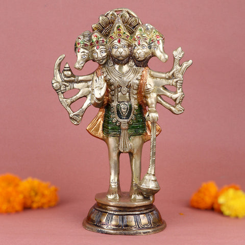 10.2-inch handcrafted brass Panchmukhi Hanuman statue in standing pose, showcasing divine power and intricate detailing for spiritual home dΓ©cor. No.1 Brass Idol Store www.satvikstore.in