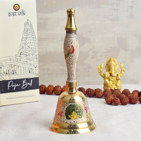 Beautiful handcrafted white brass puja bell designed for devotional rituals, featuring elegant craftsmanship and a pure, traditional finish. Indiaβs Largest Pooja Accessories Brand β www.satvikstore.in