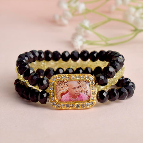 Black & Yellow Triple Layer Guruji Swaroop Bracelet featuring sleek black beads and a vibrant yellow middle layer with Jai Guruji Swaroop β perfect for spiritual wear, meditation, and gifting. Indiaβs Largest Pooja Accessories Brand β www.satvikstore.in